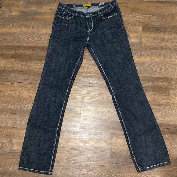 MEK USA WILSHIRE STRAIGHT LOW RISE FLARE LEG DARK WASH TOP STITCHING EMBELLISHED - Picture 8 of 16